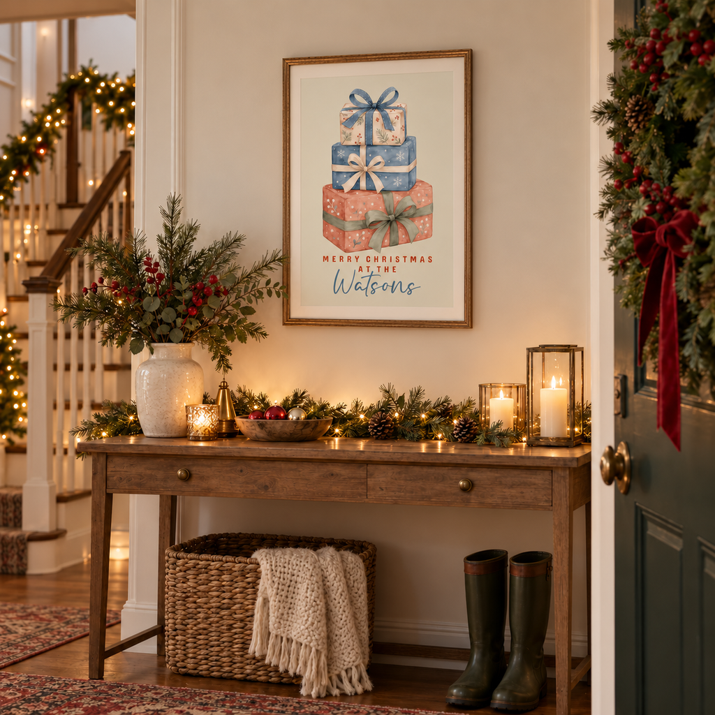Personalized stacked gifts family Christmas poster in a festive entryway above a console table