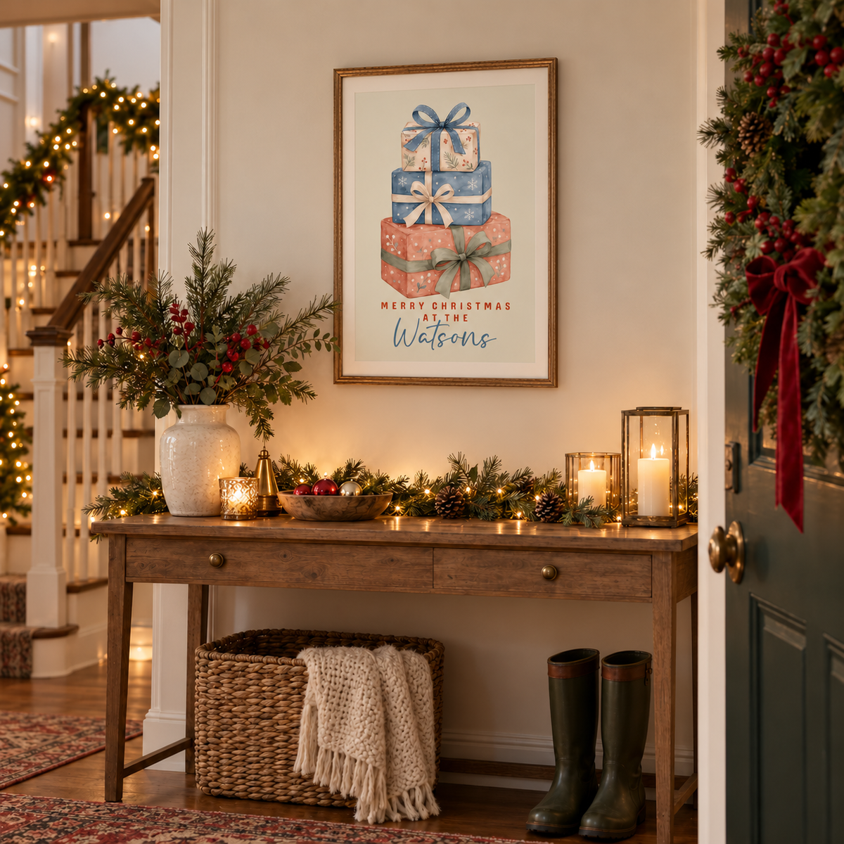 Personalized stacked gifts family Christmas poster in a festive entryway above a console table