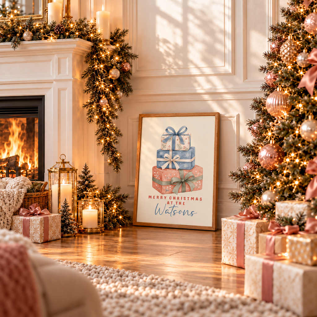 Framed stacked gifts family Christmas poster leaning by a fireplace with wrapped gifts and a Christmas tree