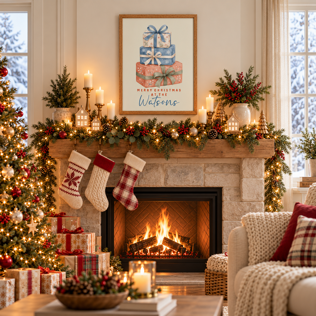 Stacked gifts family Christmas poster above a fireplace mantel with stockings and garland