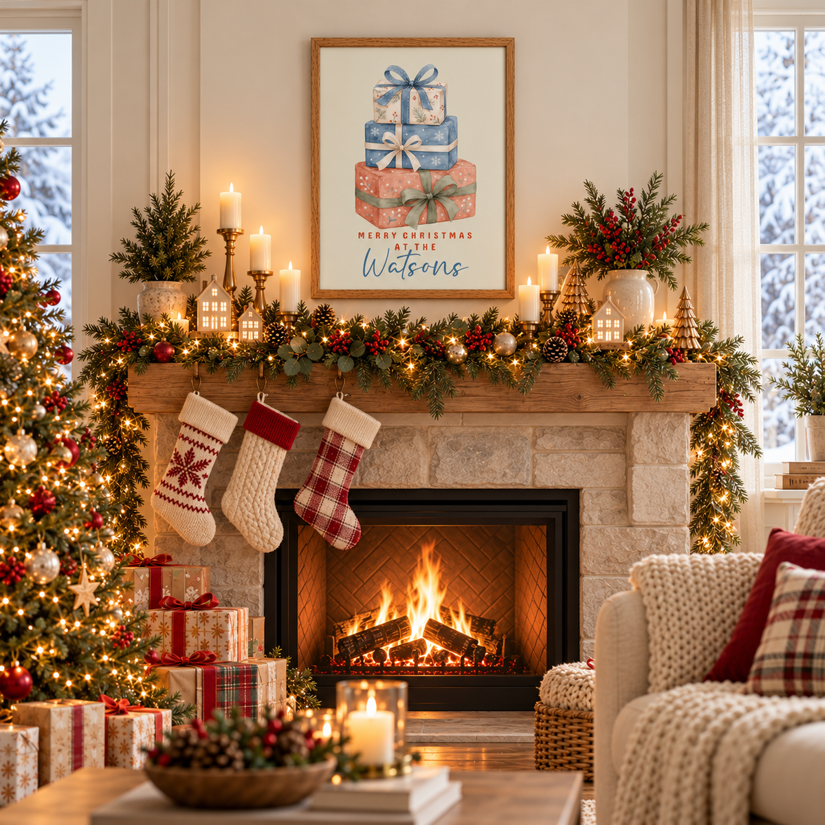 Stacked gifts family Christmas poster above a fireplace mantel with stockings and garland