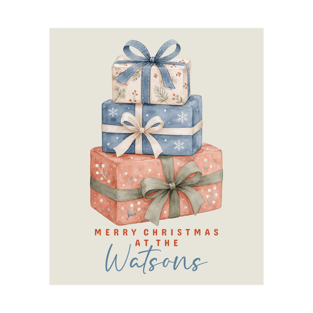 Personalized stacked gifts family Christmas poster with custom family name