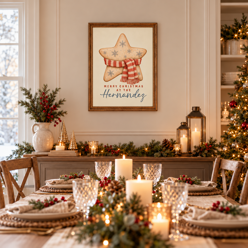 Framed wooden star family Christmas poster on a dining room wall above a festive table with candles