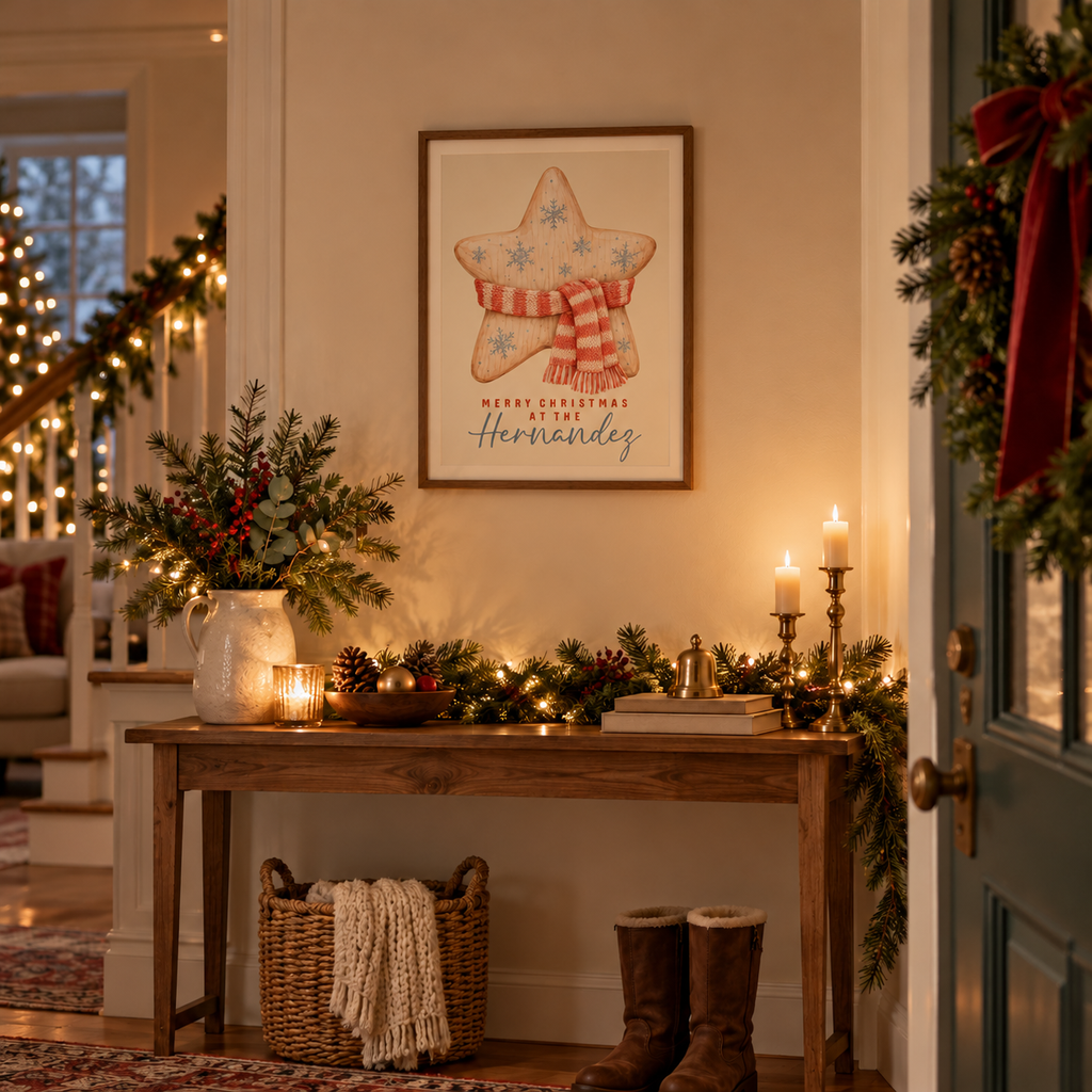 Personalized wooden star family Christmas poster in a festive entryway above a console table