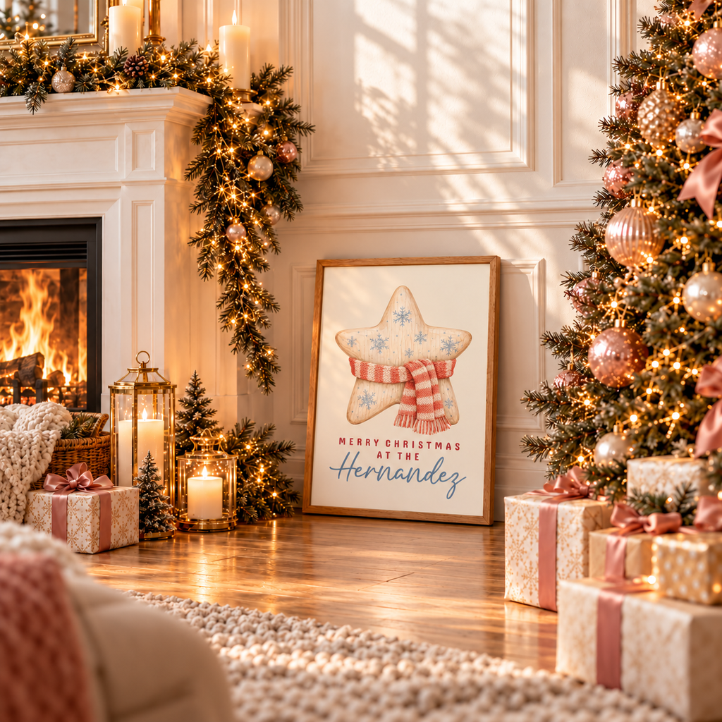 Framed wooden star family Christmas poster leaning by a fireplace with wrapped gifts and a Christmas tree