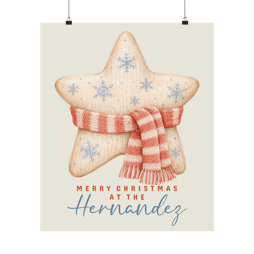 Unframed wooden star family Christmas poster hanging on a wall, print preview