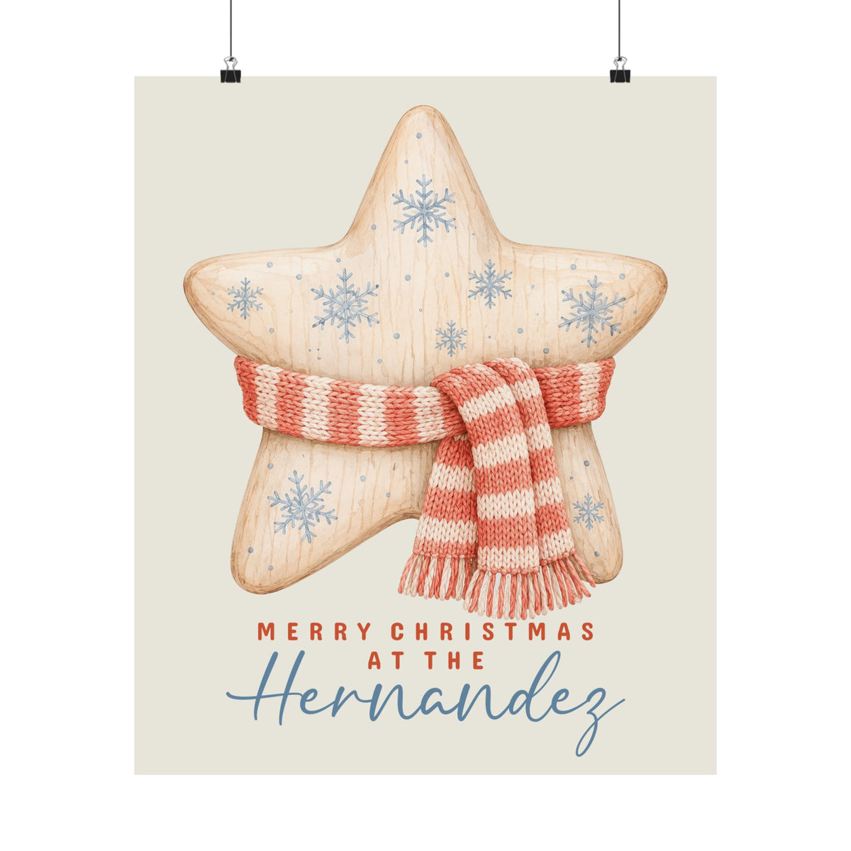 Unframed wooden star family Christmas poster hanging on a wall, print preview