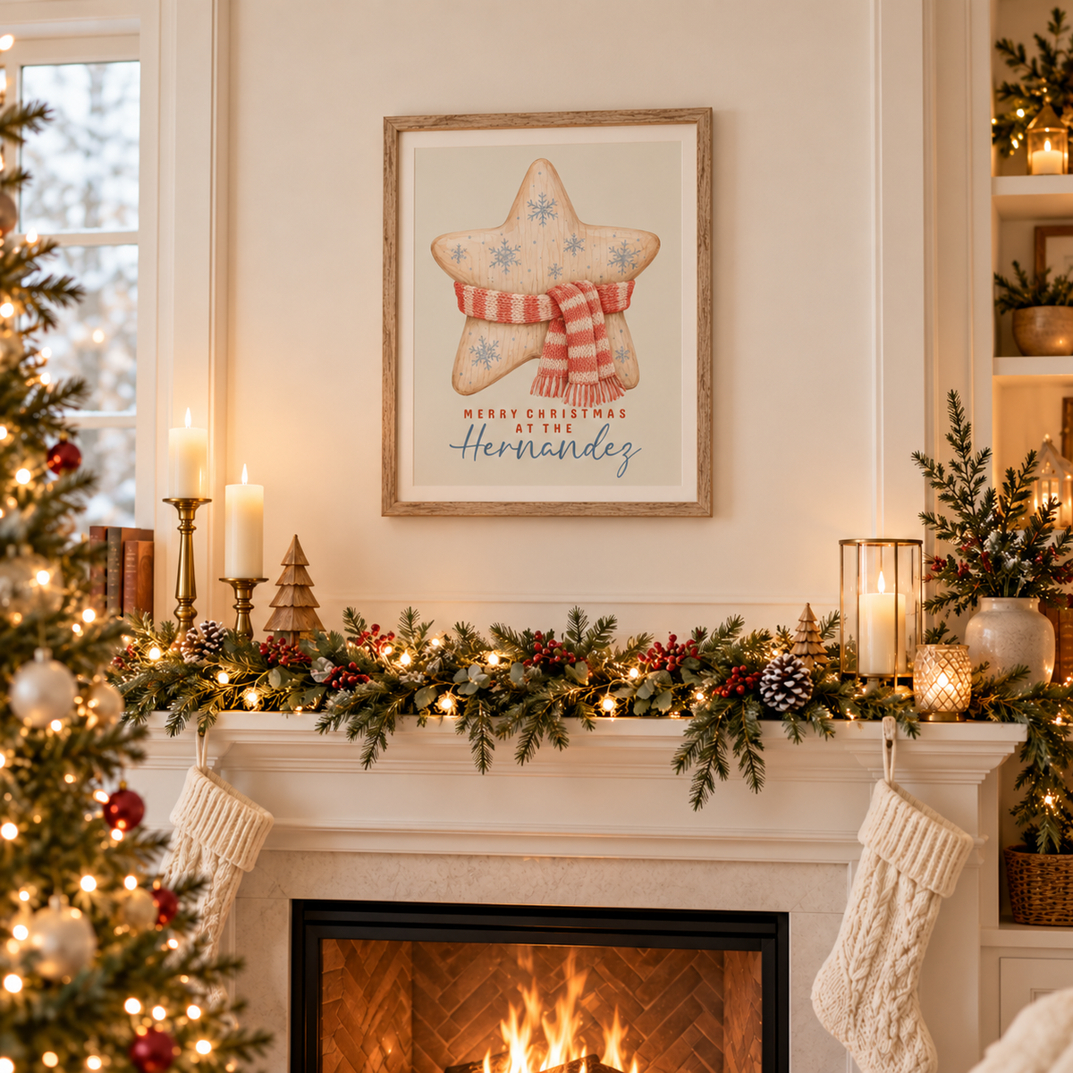 Wooden star family Christmas poster above a fireplace mantel with stockings and garland