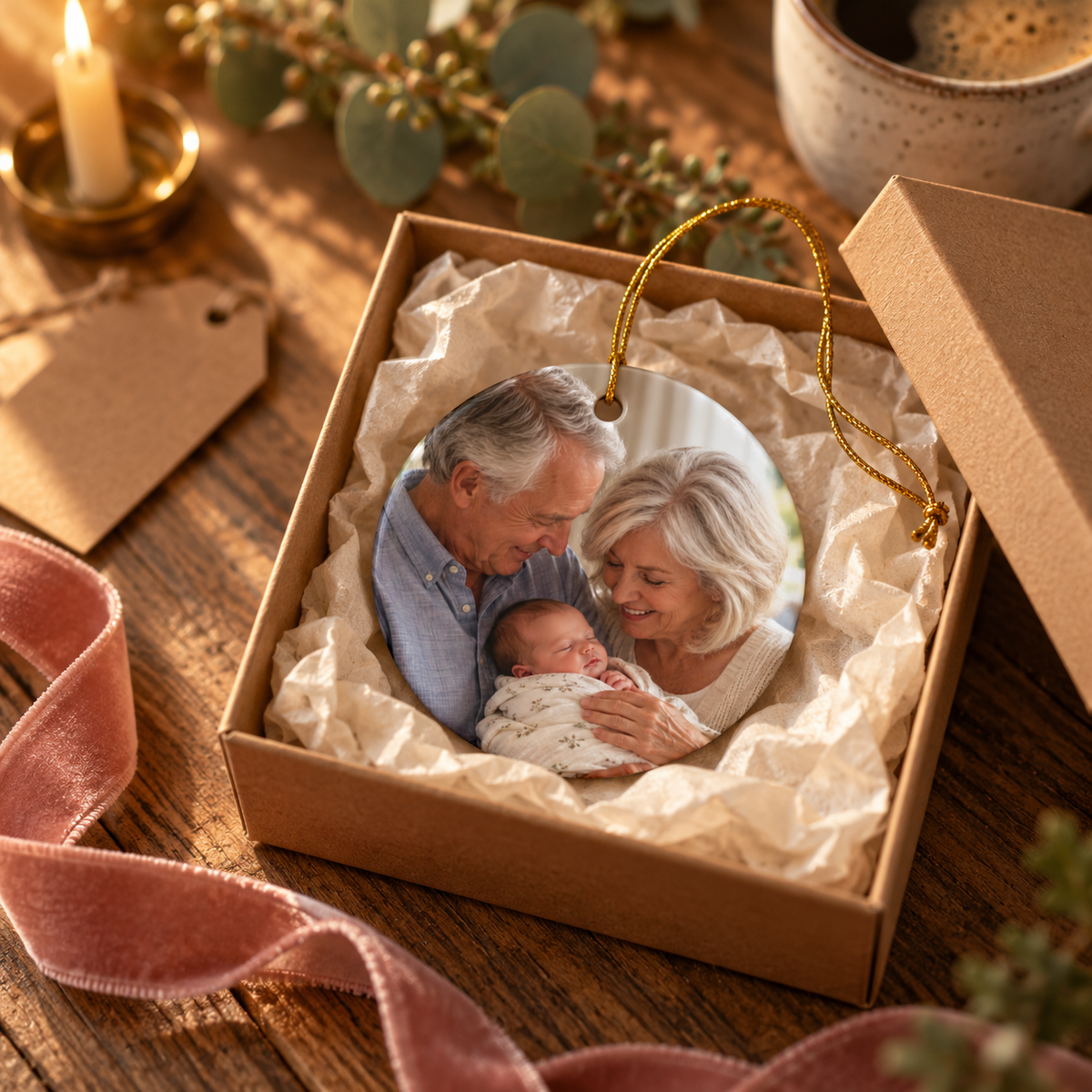 Photo side of the personalized First Christmas as Grandparents ornament with holly sprigs in a gift box