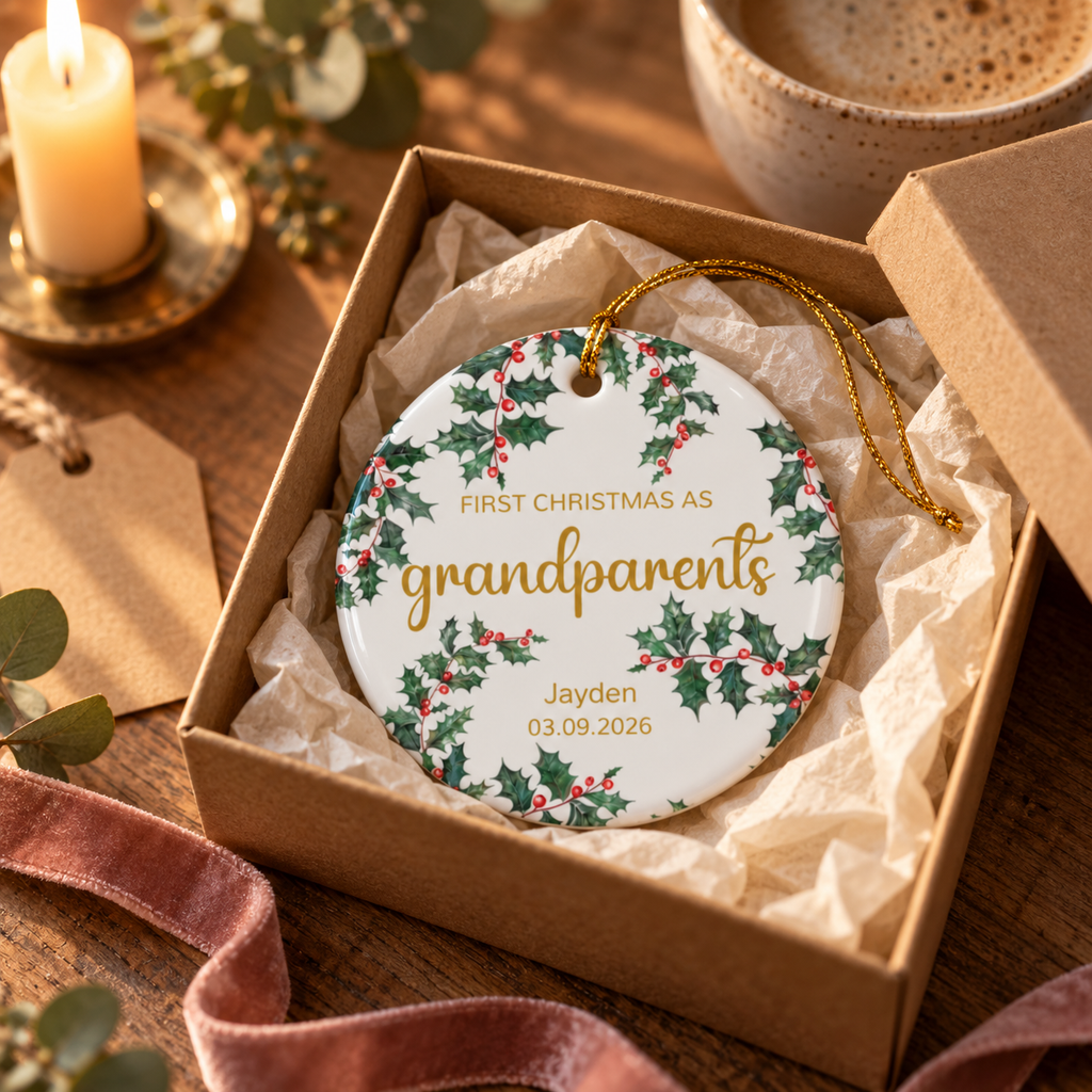 Personalized First Christmas as Grandparents ornament with holly sprigs in a gift box with tissue paper