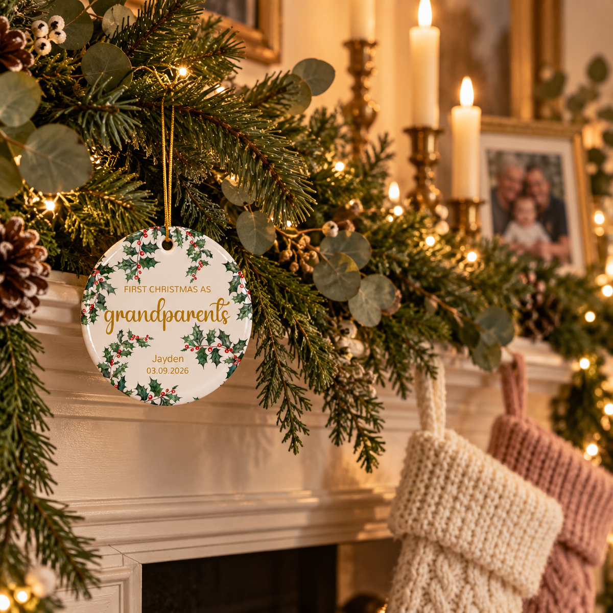 Personalized First Christmas as Grandparents ornament with holly sprigs on a fireplace garland with stockings