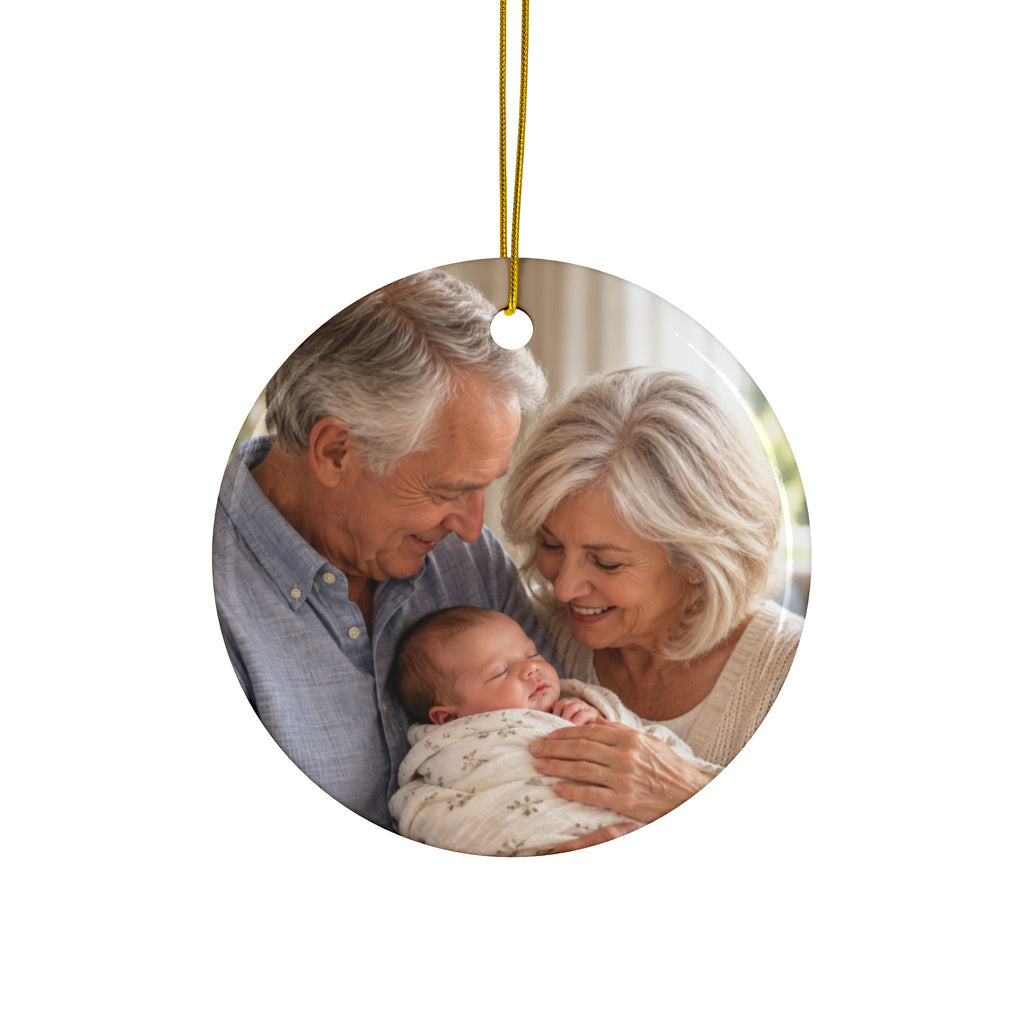 Photo side of the personalized First Christmas as Grandparents ornament with holly sprigs, showing a photo of grandma with the baby
