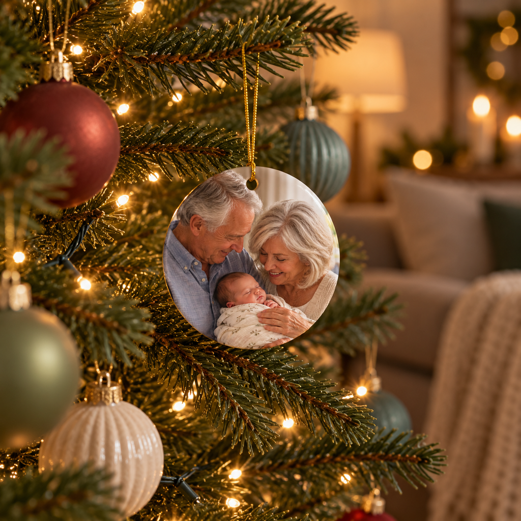 Photo side of the personalized First Christmas as Grandparents ornament with holly sprigs hanging on a Christmas tree