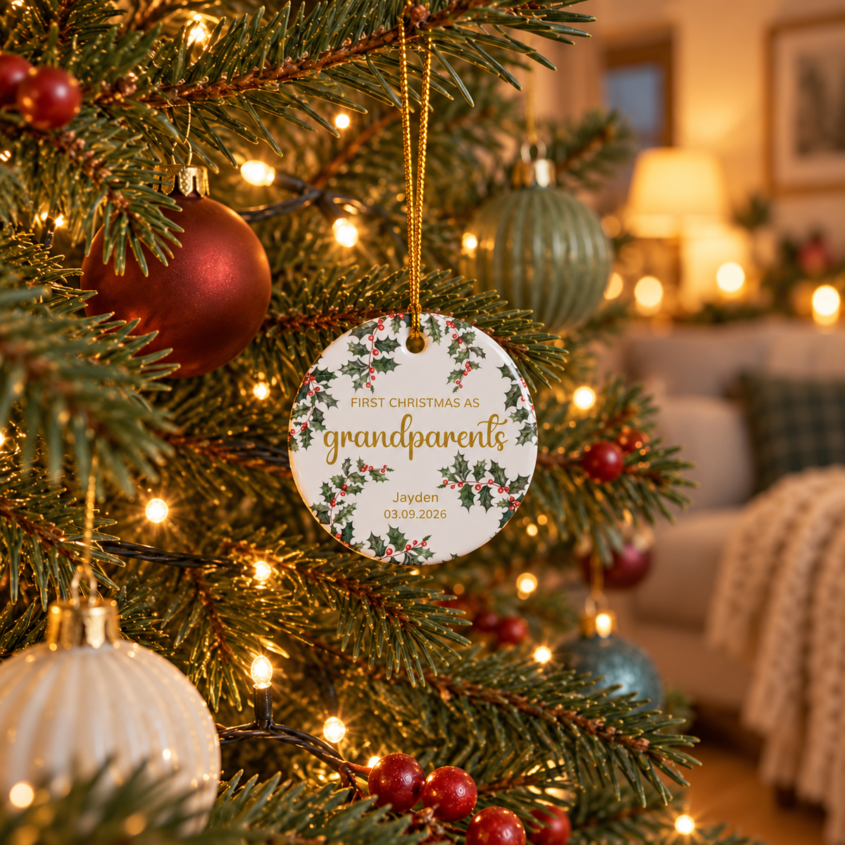 Personalized First Christmas as Grandparents ornament with holly sprigs hanging on a Christmas tree