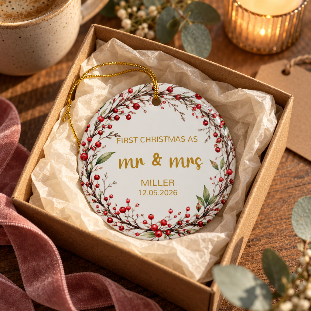 Personalized First Christmas as Mr and Mrs ornament with red berry twig wreath in a gift box with tissue paper