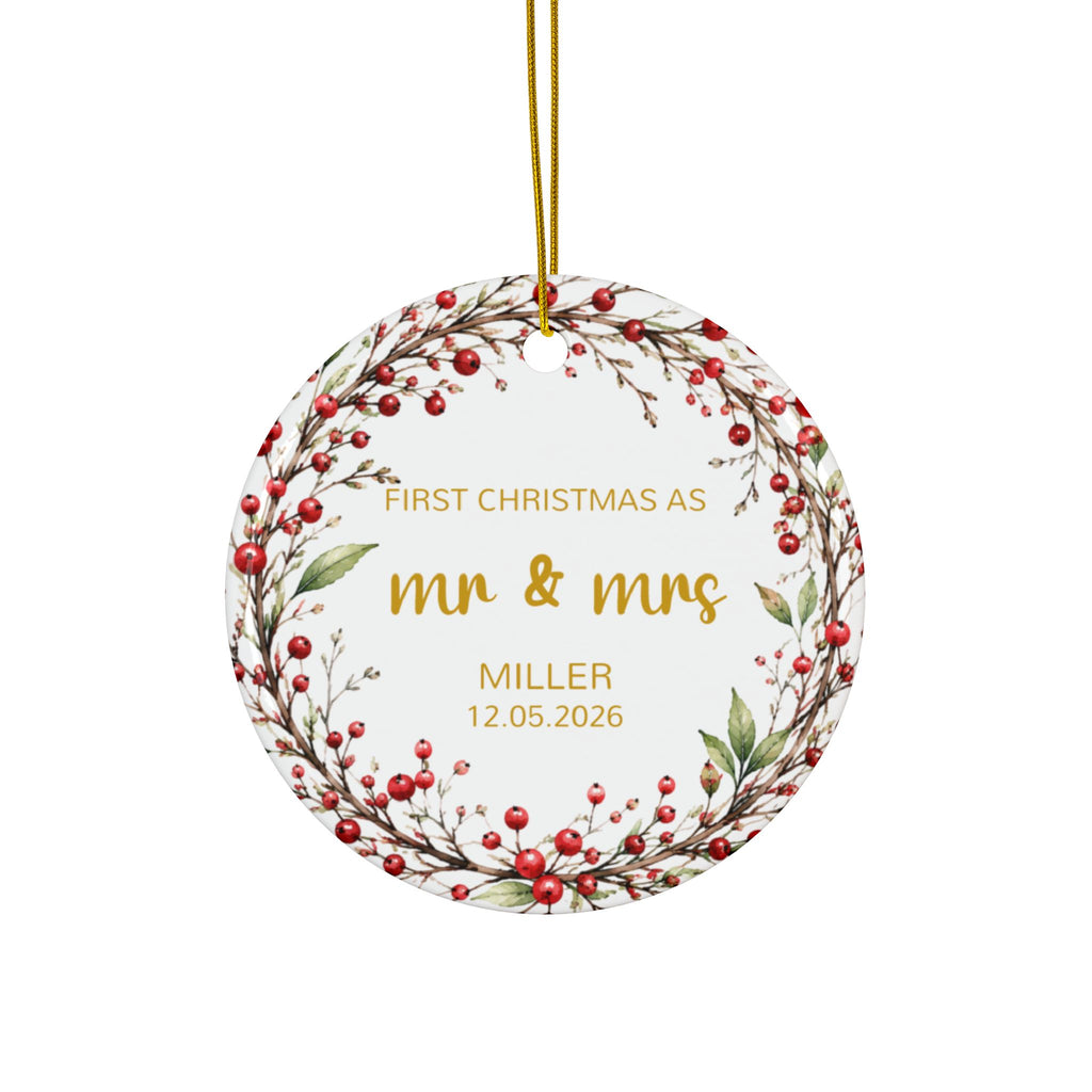 Personalized First Christmas as Mr and Mrs ornament with red berry twig wreath, front side