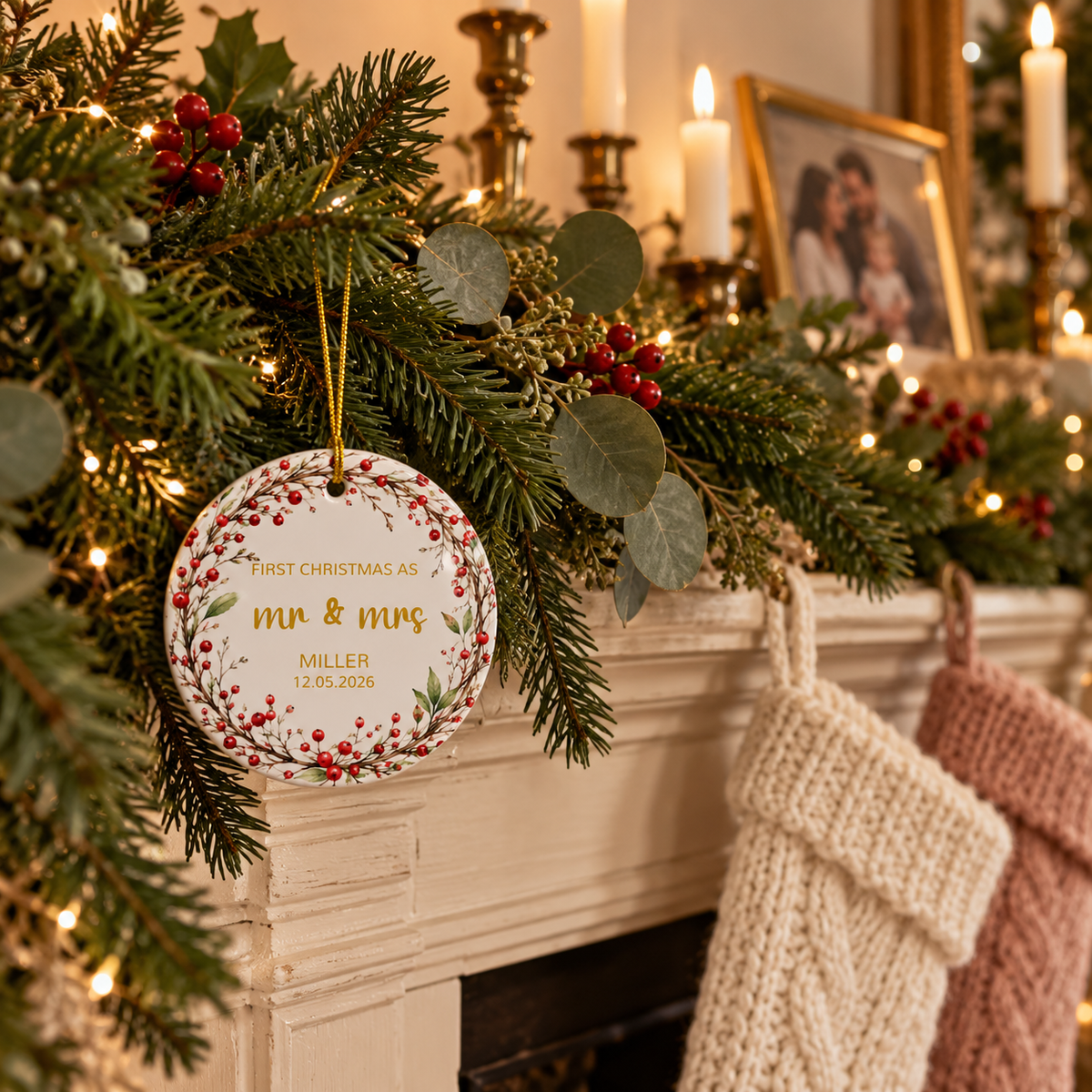Personalized First Christmas as Mr and Mrs ornament with red berry twig wreath on a fireplace garland with stockings