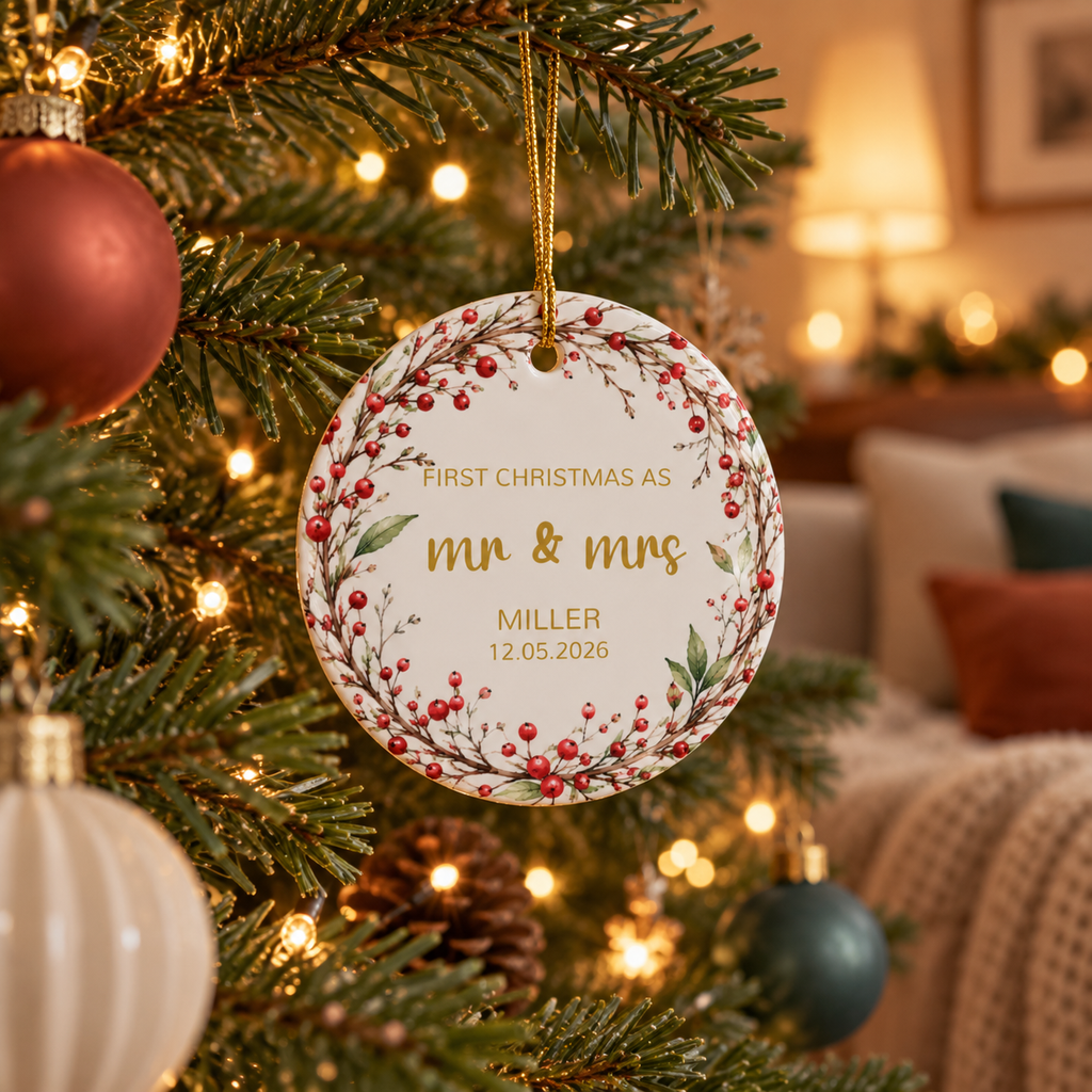 Personalized First Christmas as Mr and Mrs ornament with red berry twig wreath hanging on a Christmas tree