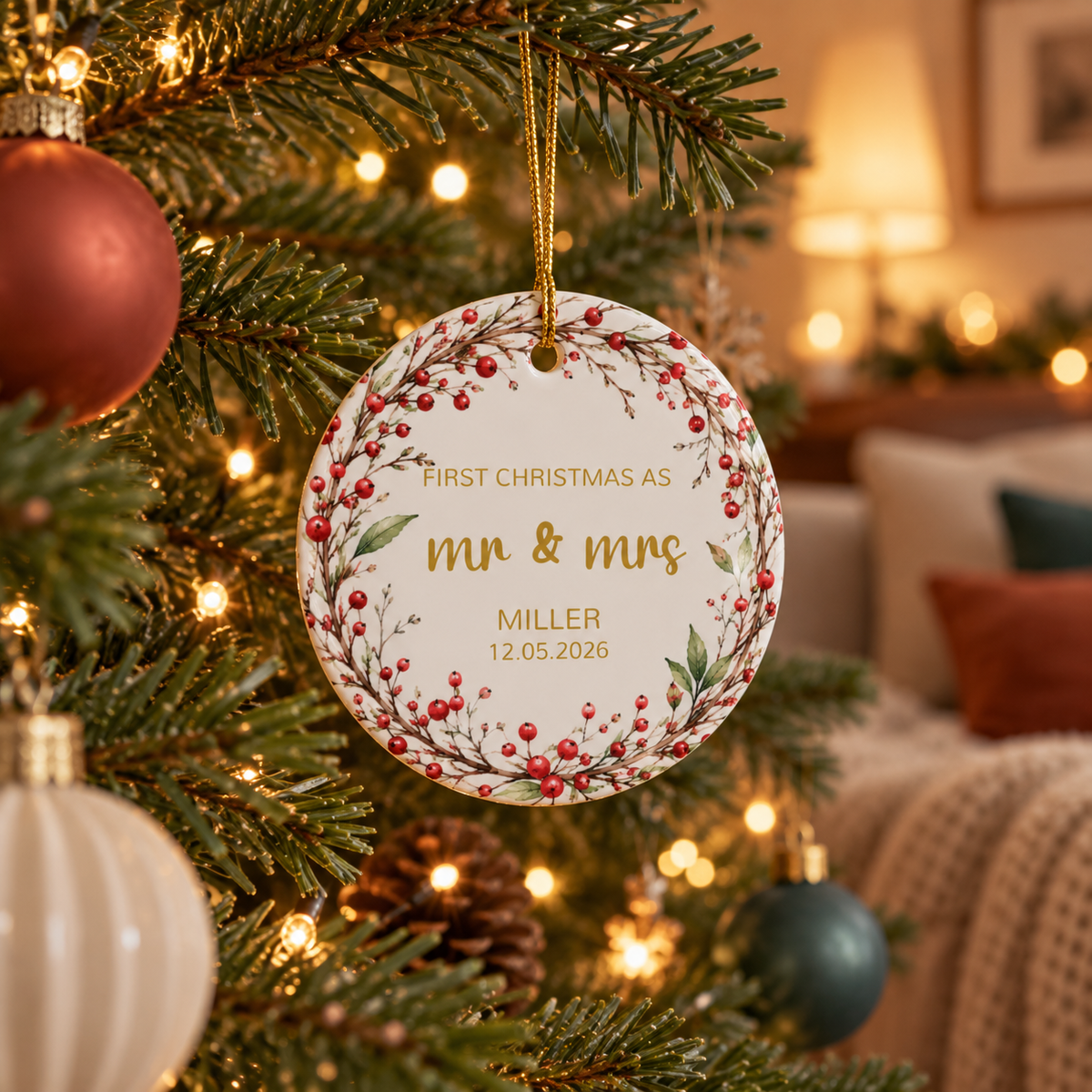 Personalized First Christmas as Mr and Mrs ornament with red berry twig wreath hanging on a Christmas tree