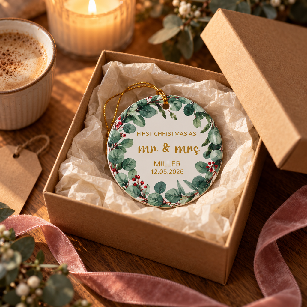 Personalized First Christmas as Mr and Mrs ornament with eucalyptus wreath in a gift box with tissue paper