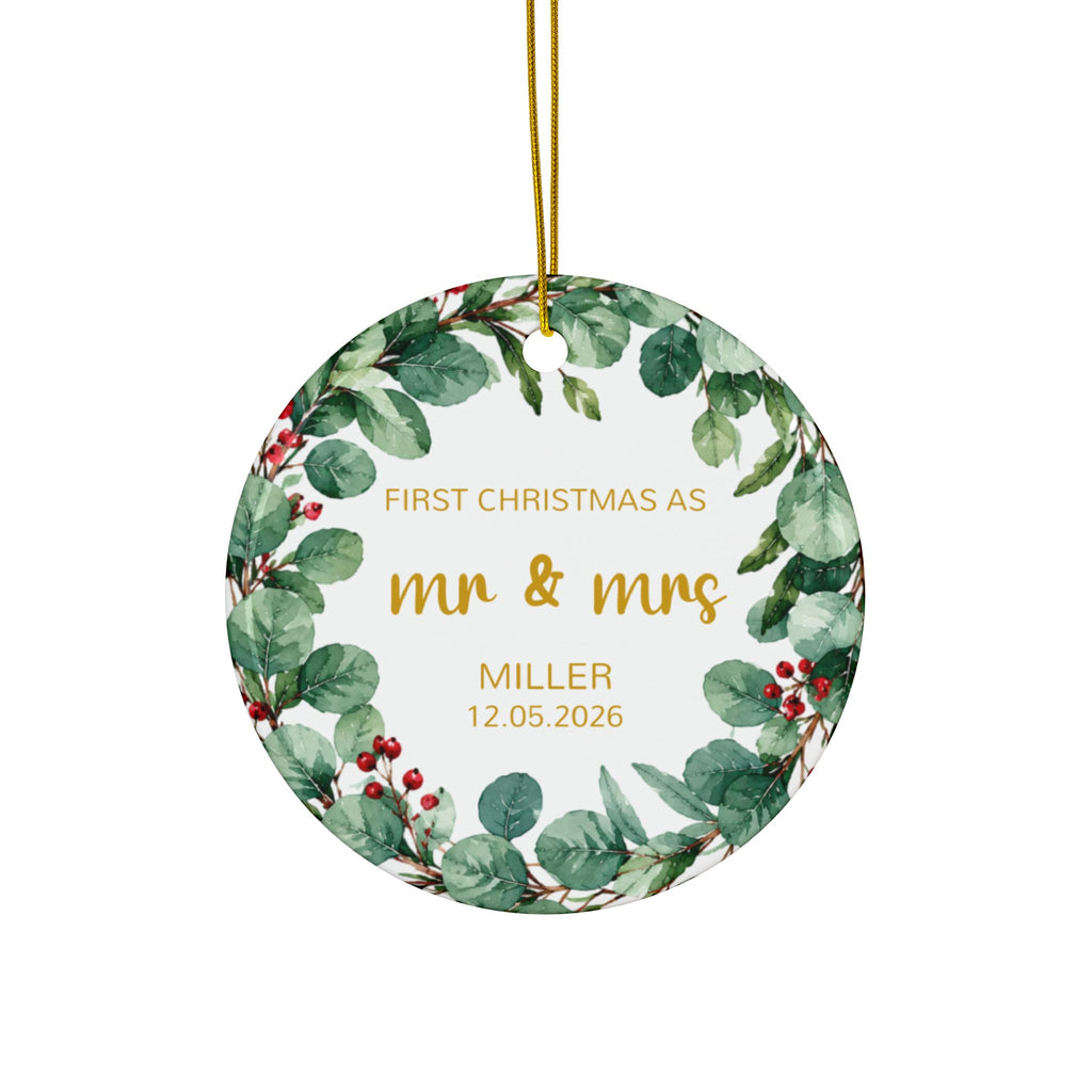 Personalized First Christmas as Mr and Mrs ornament with eucalyptus wreath, front side