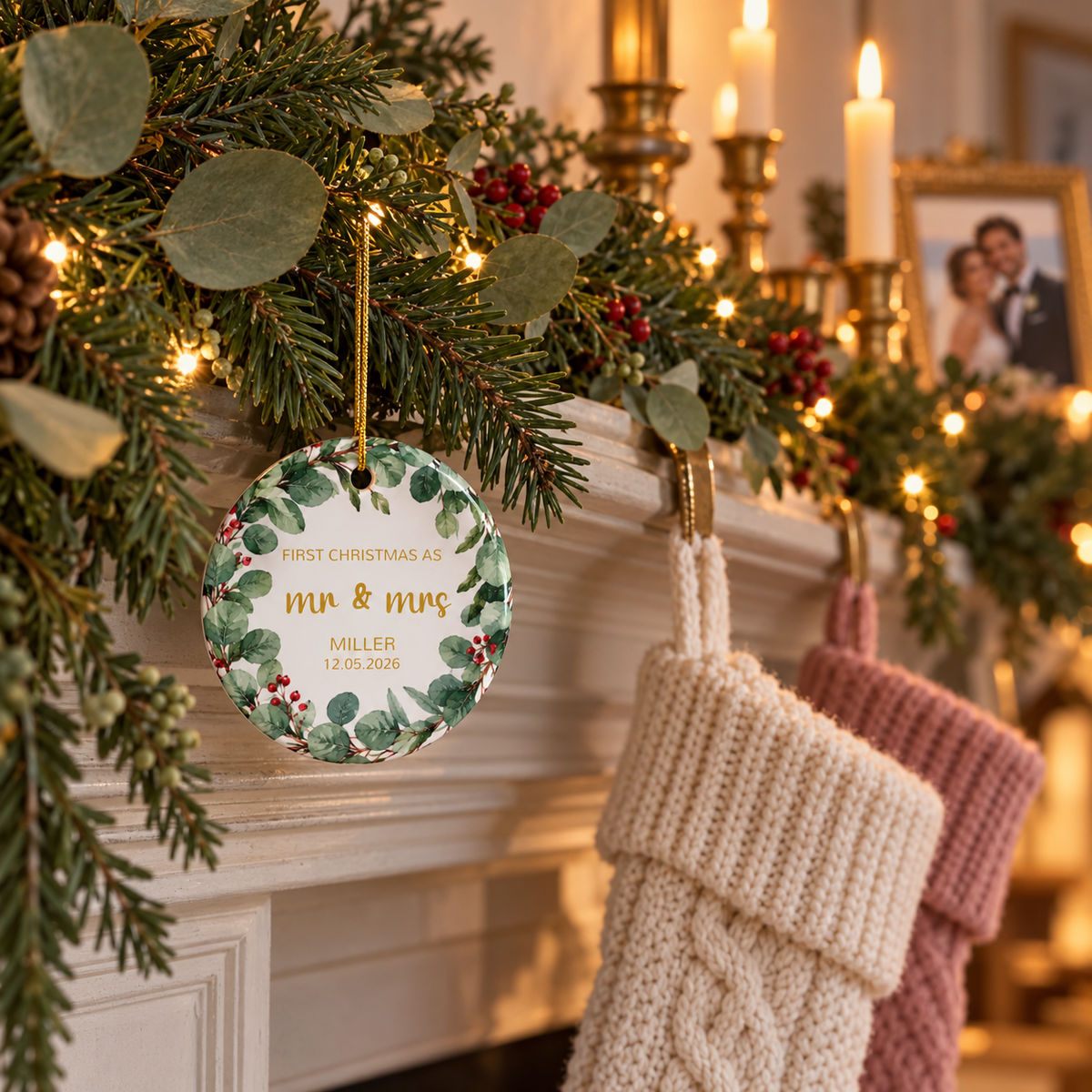 Personalized First Christmas as Mr and Mrs ornament with eucalyptus wreath on a fireplace garland with stockings