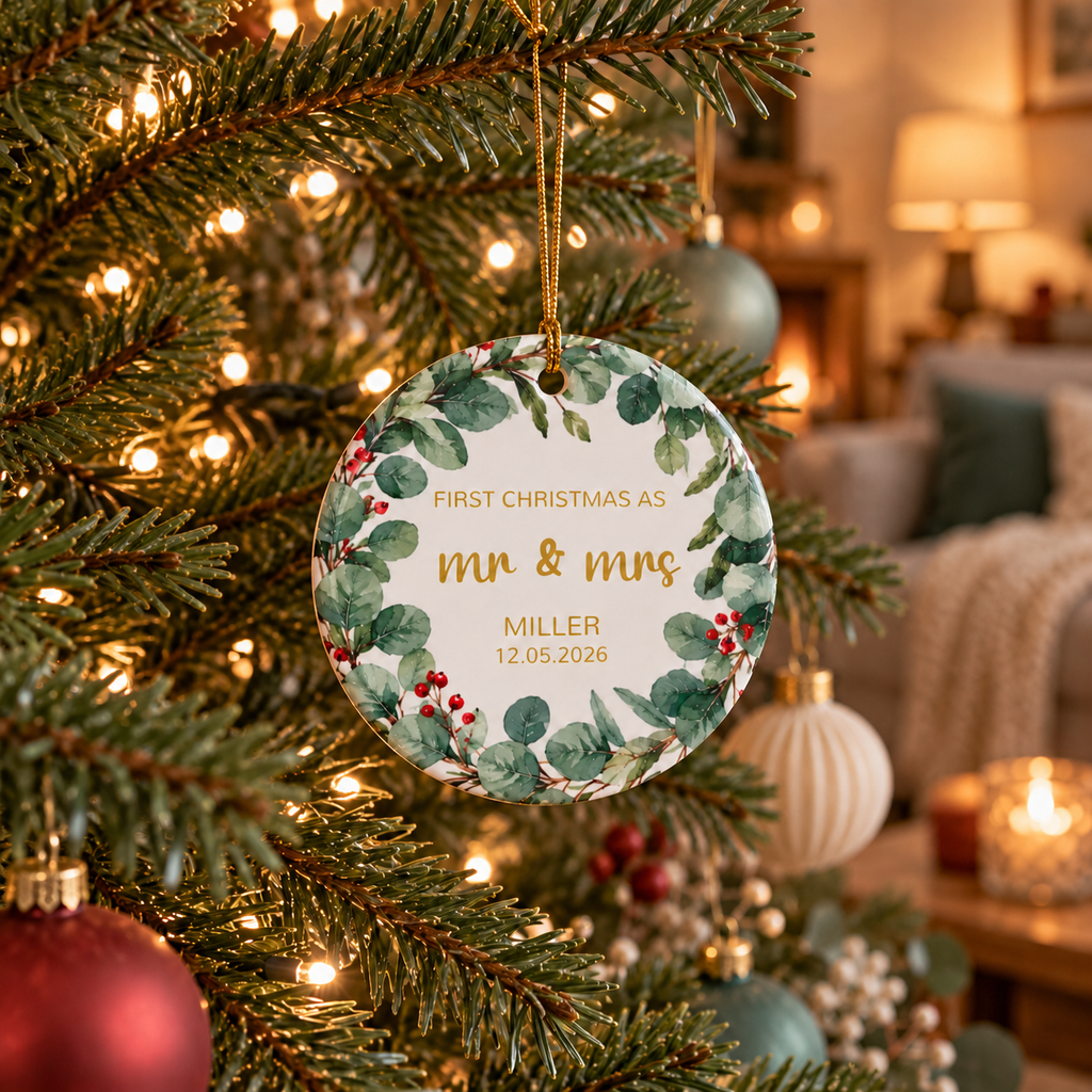 Personalized First Christmas as Mr and Mrs ornament with eucalyptus wreath hanging on a Christmas tree