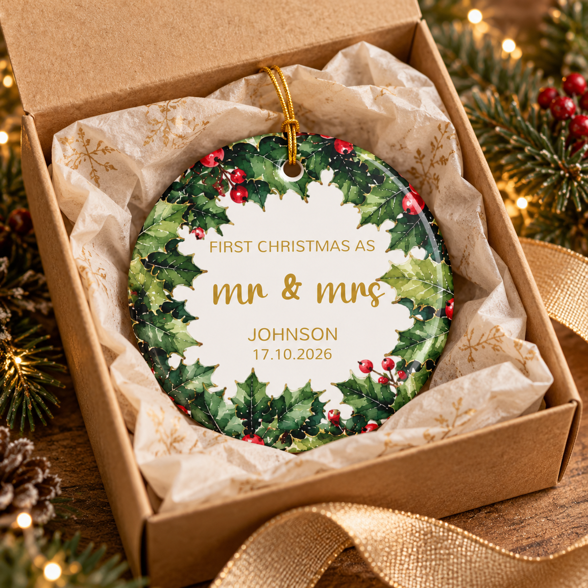 Personalized First Christmas as Mr and Mrs ornament with holly wreath in a gift box with tissue paper