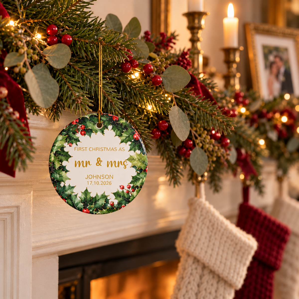 Personalized First Christmas as Mr and Mrs ornament with holly wreath on a fireplace garland with stockings