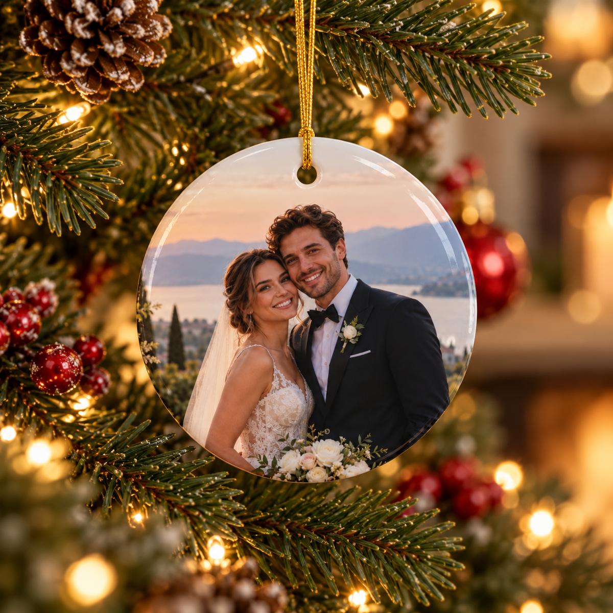 Photo side of the personalized First Christmas as Mr and Mrs ornament with holly wreath hanging on a Christmas tree
