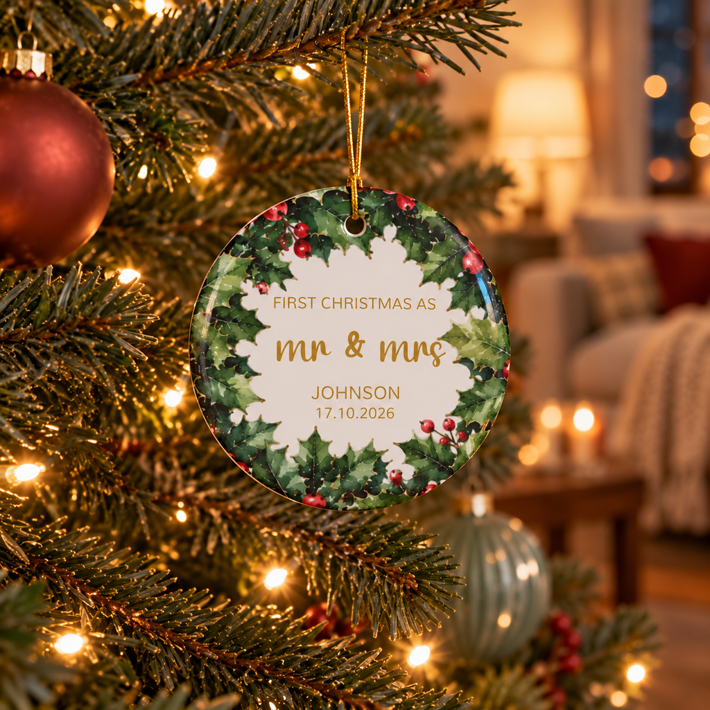 Personalized First Christmas as Mr and Mrs ornament with holly wreath hanging on a Christmas tree