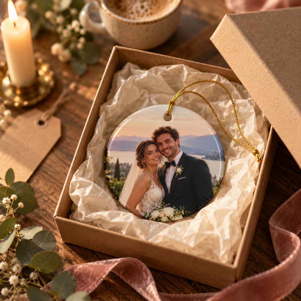 Photo side of the personalized First Christmas as Mr and Mrs ornament with pine and eucalyptus wreath in a gift box