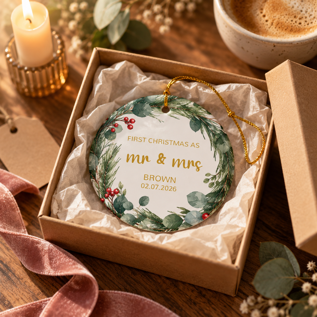 Personalized First Christmas as Mr and Mrs ornament with pine and eucalyptus wreath in a gift box with tissue paper