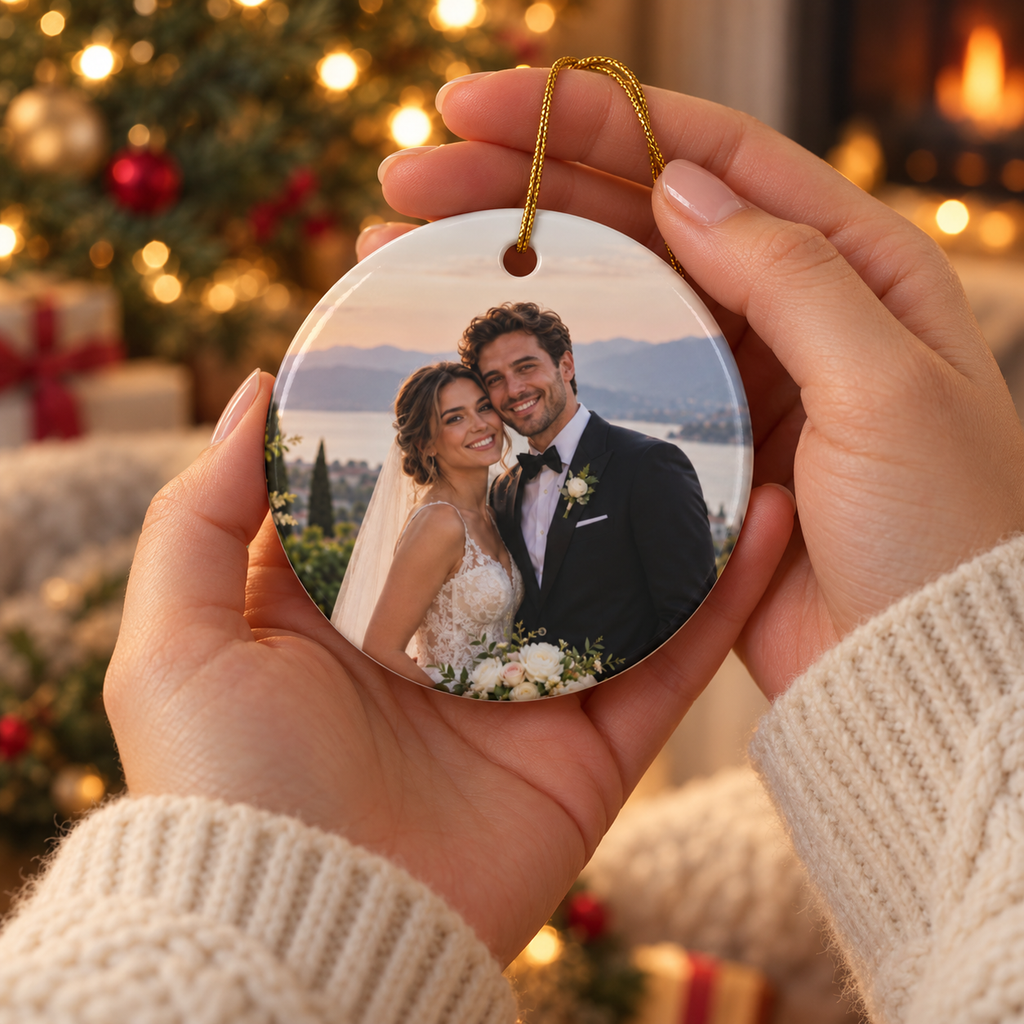 Hands holding the photo side of the personalized First Christmas as Mr and Mrs ornament with pine and eucalyptus wreath