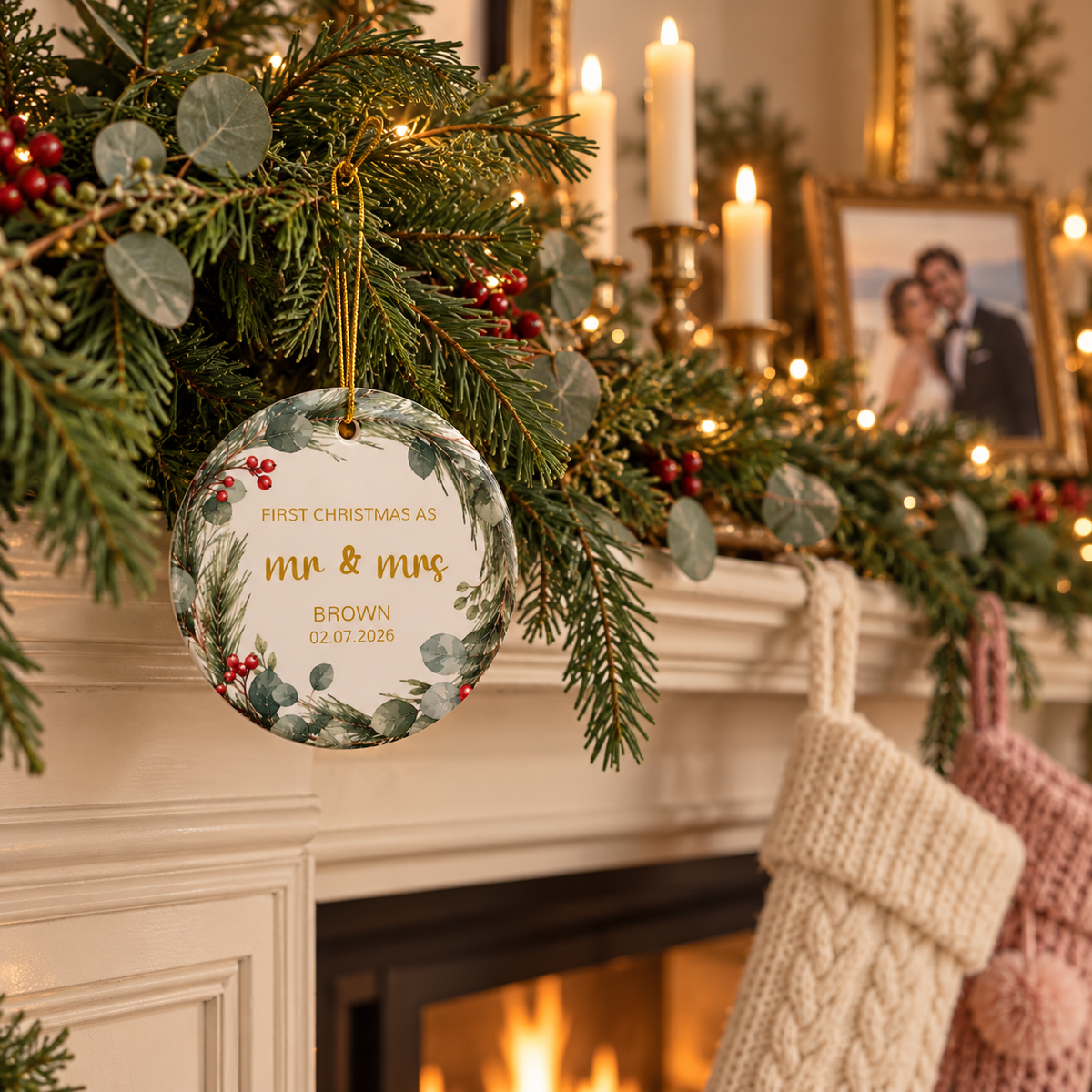 Personalized First Christmas as Mr and Mrs ornament with pine and eucalyptus wreath on a fireplace garland with stockings