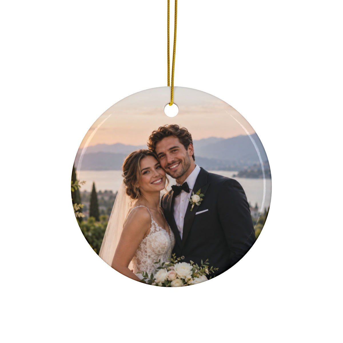 Photo side of the personalized First Christmas as Mr and Mrs ornament with pine and eucalyptus wreath, showing a wedding photo