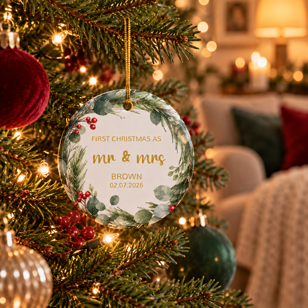 Personalized First Christmas as Mr and Mrs ornament with pine and eucalyptus wreath hanging on a Christmas tree