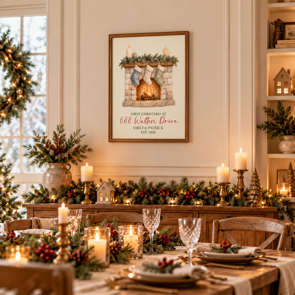 Framed first Christmas in new home fireplace poster on a dining room wall above a festive table with candles