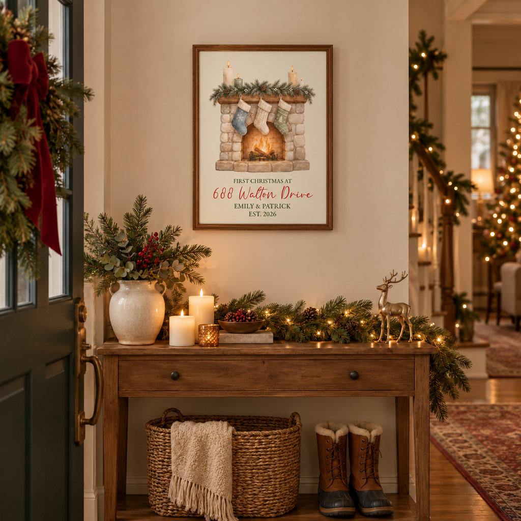 Personalized first Christmas in new home fireplace poster in a festive entryway above a console table