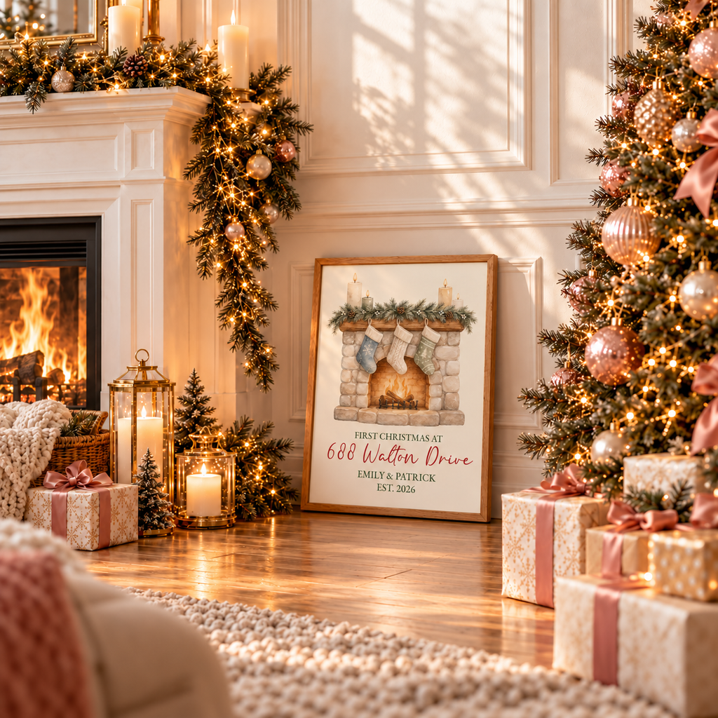 Framed first Christmas in new home fireplace poster leaning by a fireplace with wrapped gifts and a Christmas tree