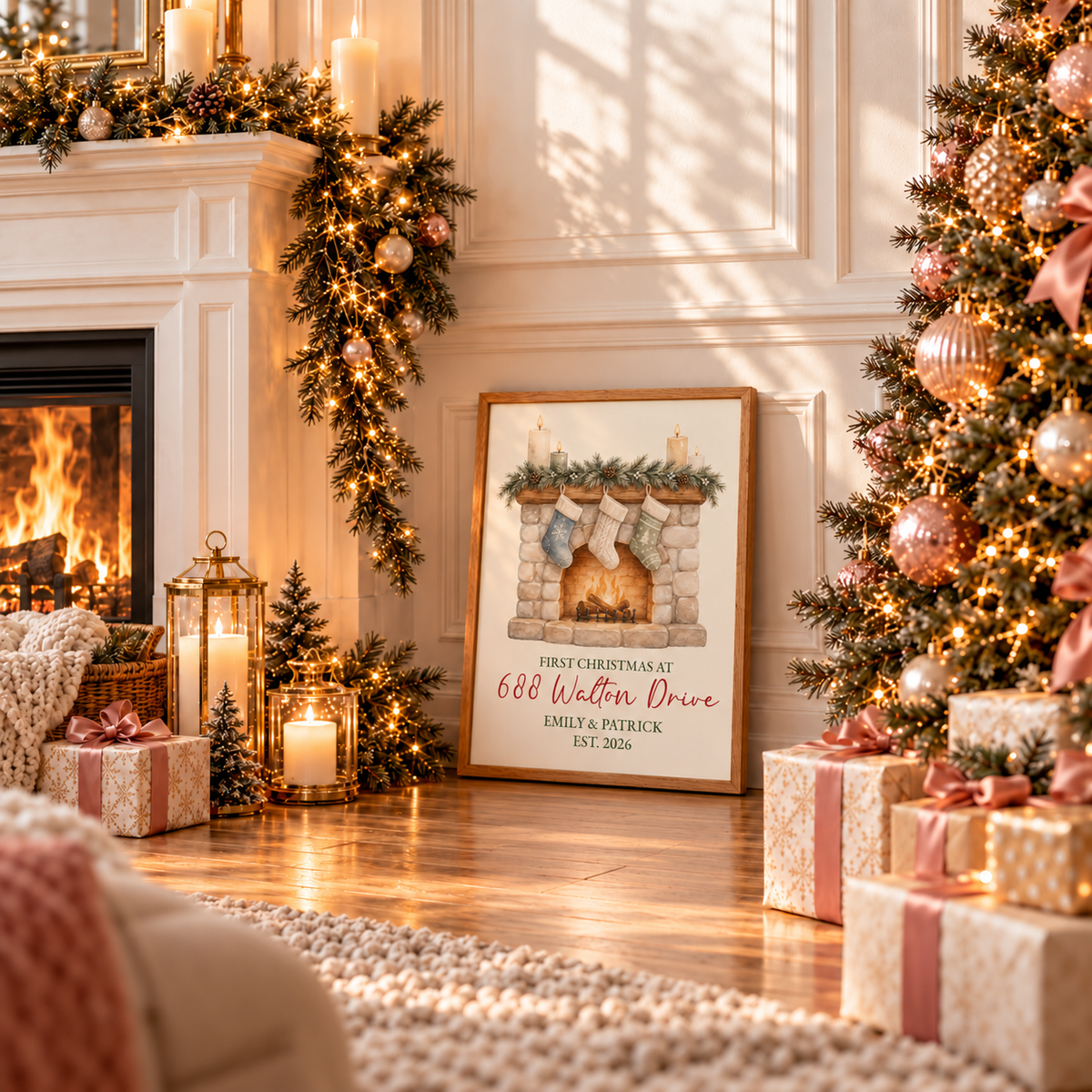 Framed first Christmas in new home fireplace poster leaning by a fireplace with wrapped gifts and a Christmas tree