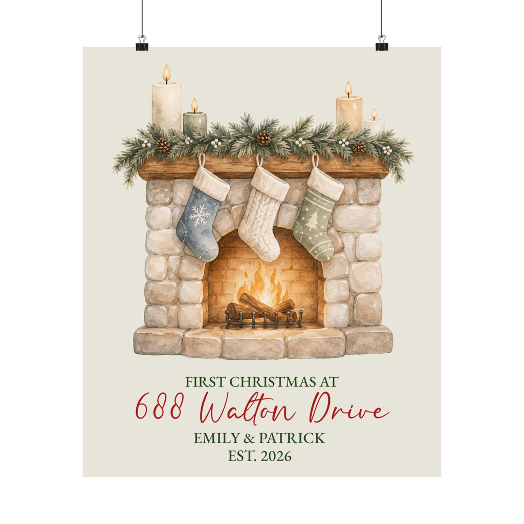 Unframed first Christmas in new home fireplace poster hanging on a wall, print preview