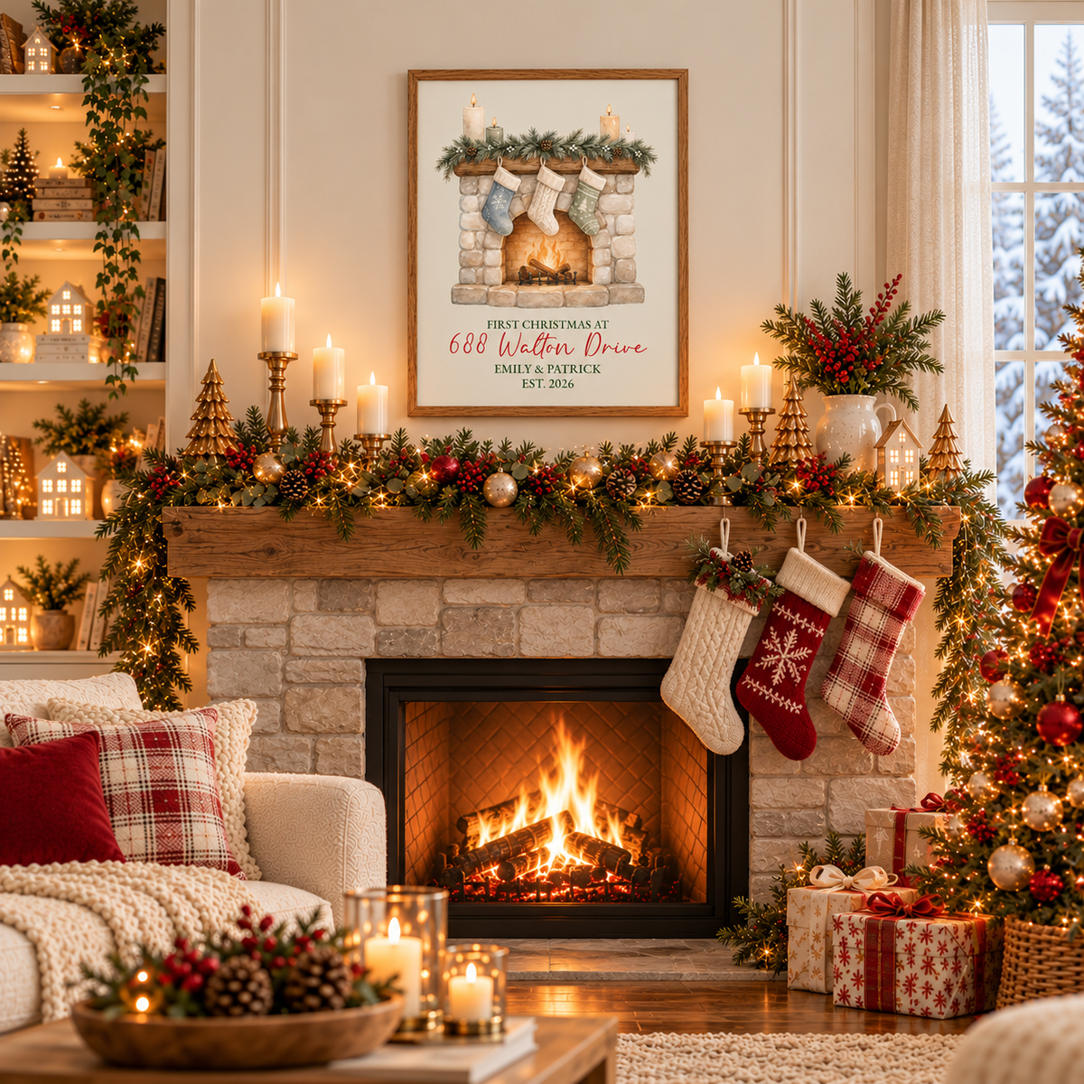 First Christmas in new home fireplace poster above a fireplace mantel with stockings and garland