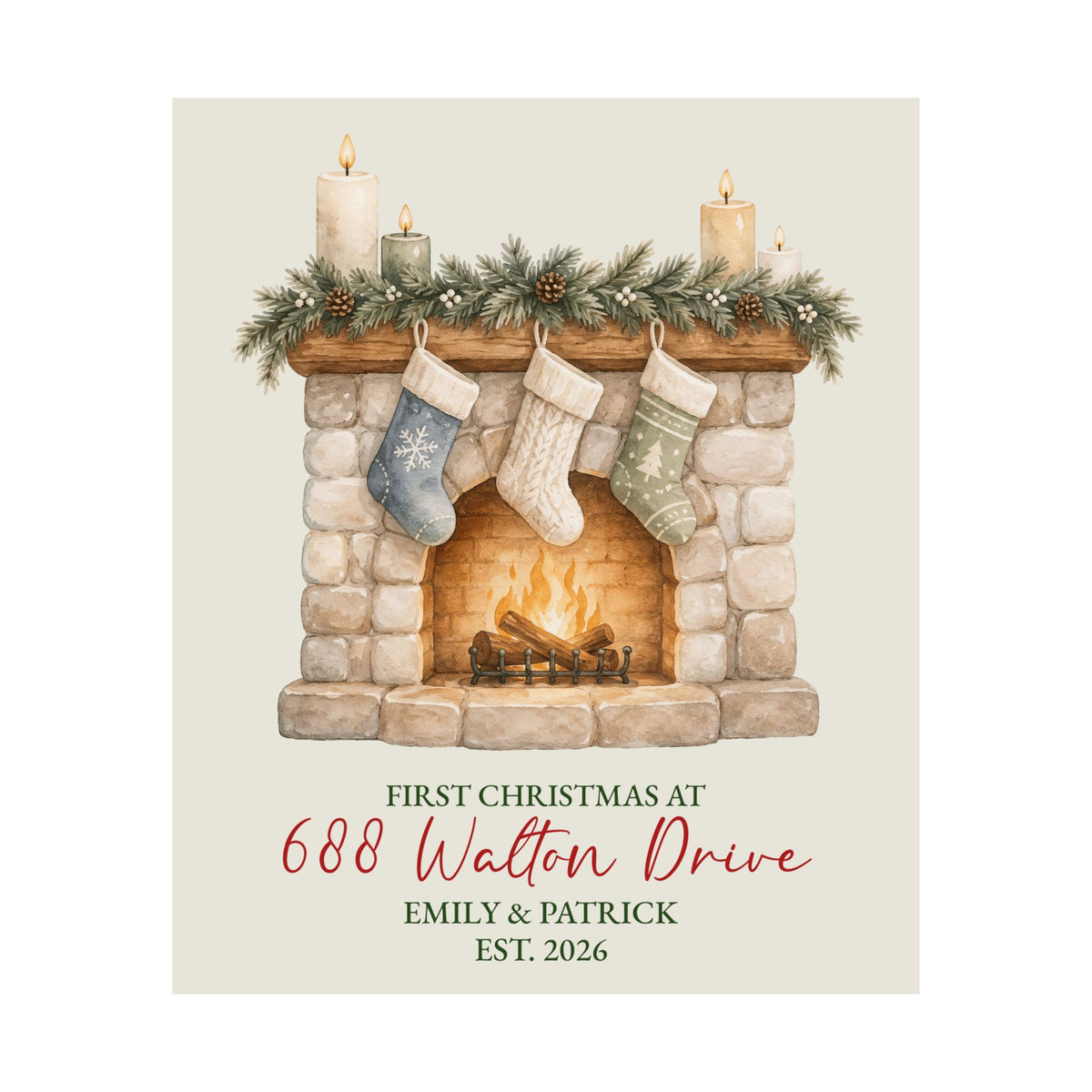 Personalized first Christmas in new home fireplace poster with custom address, names and year