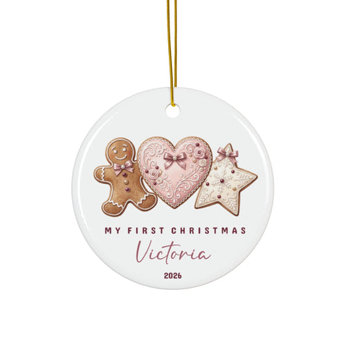Personalized baby's first Christmas ornament with gingerbread man, heart and star cookies, baby name and 2026
