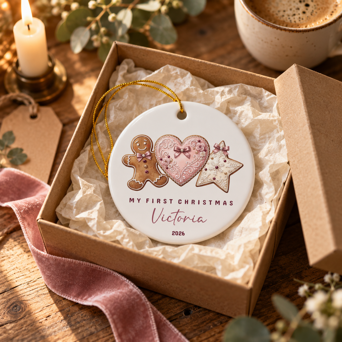Personalized Christmas cookies first Christmas ornament in a kraft gift box with tissue paper