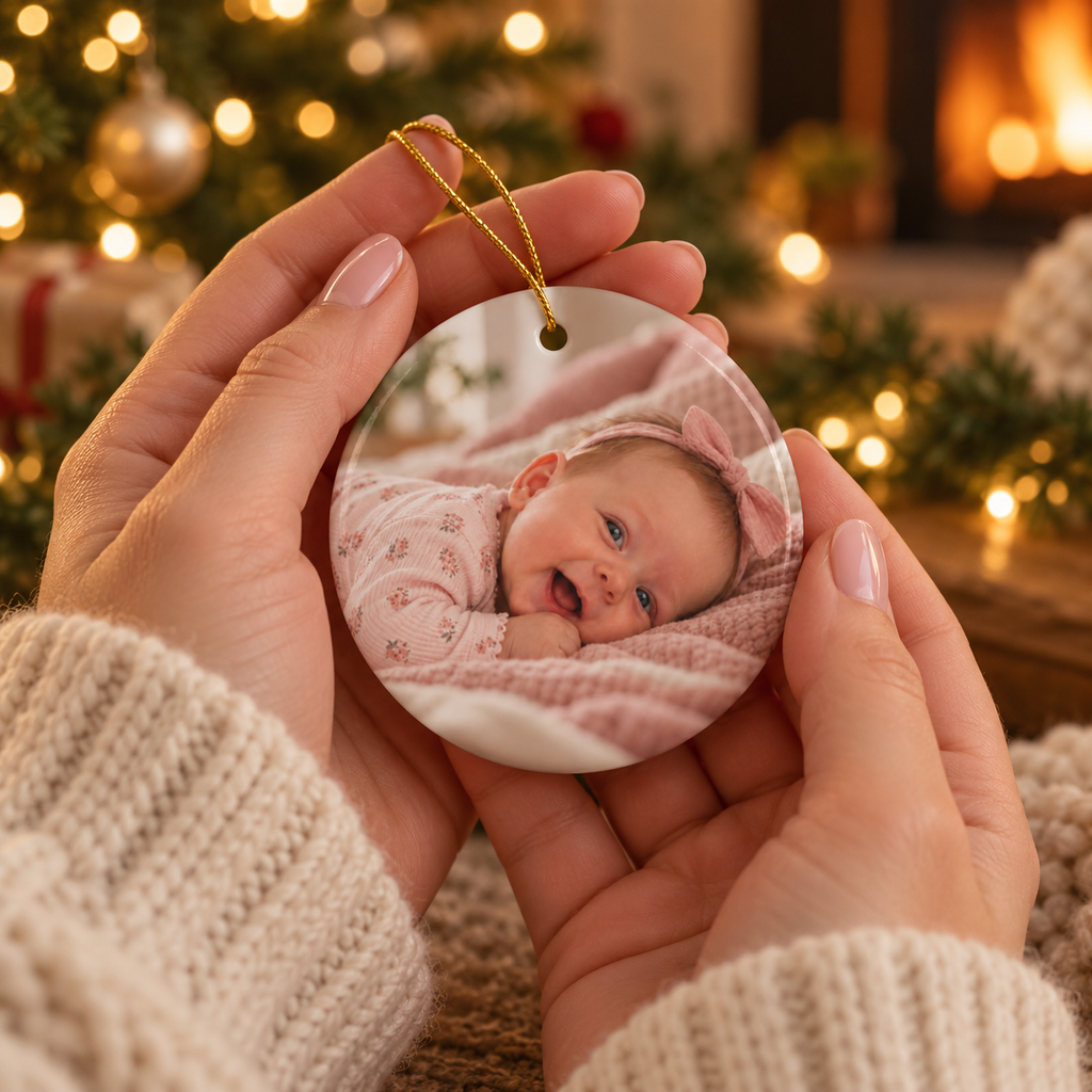Hands holding the Christmas cookies first Christmas ornament with a baby photo on the back