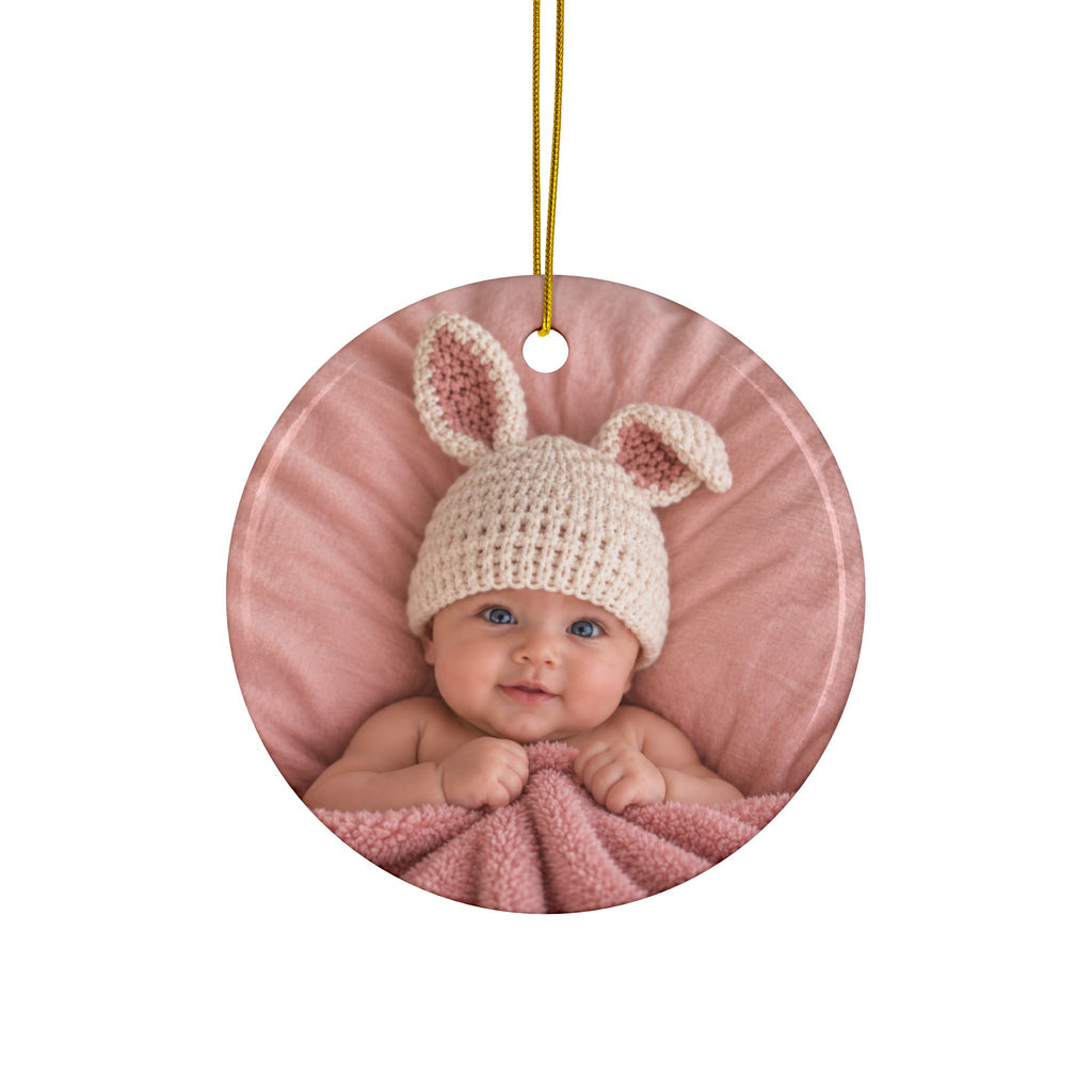 Back of the Christmas tree first Christmas ornament, printed with your own baby photo