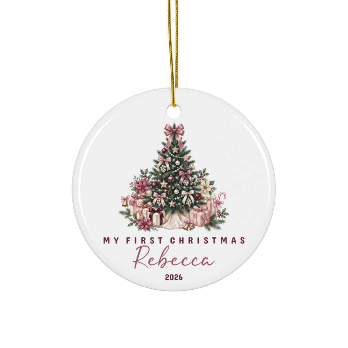Personalized baby's first Christmas ornament with a decorated Christmas tree and presents, baby name and 2026