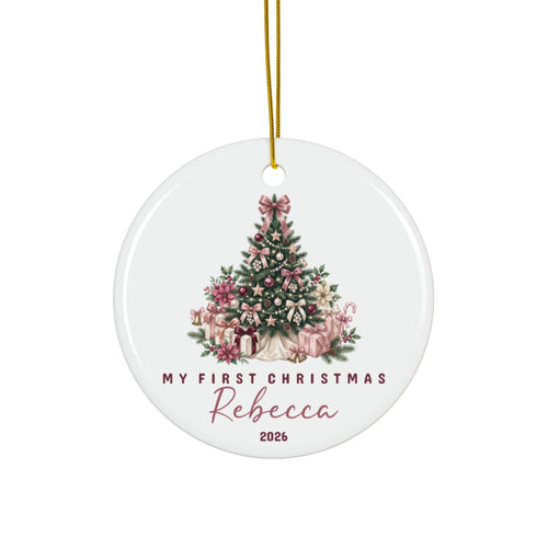 Personalized baby's first Christmas ornament with a decorated Christmas tree and presents, baby name and 2026